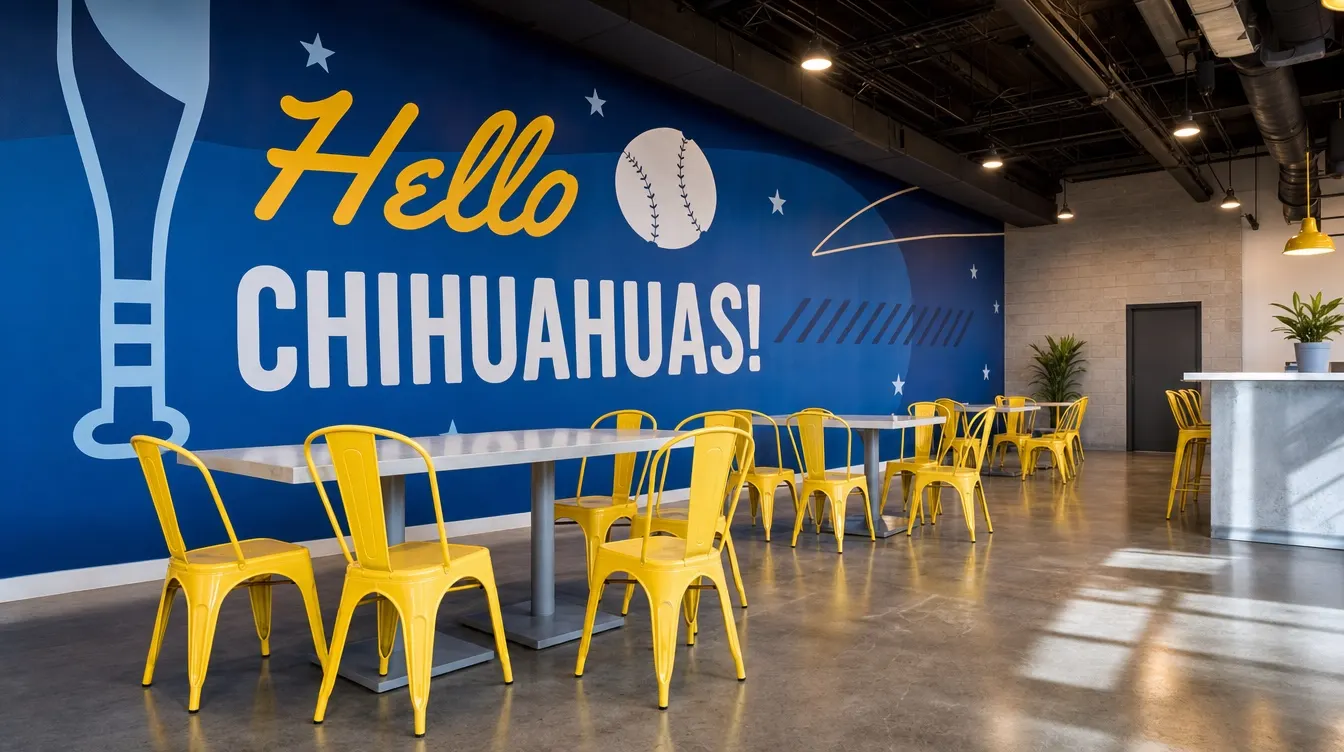 A Wing Kings dining room: yellow metal chairs at long tables under the painted Hello Chihuahuas mural