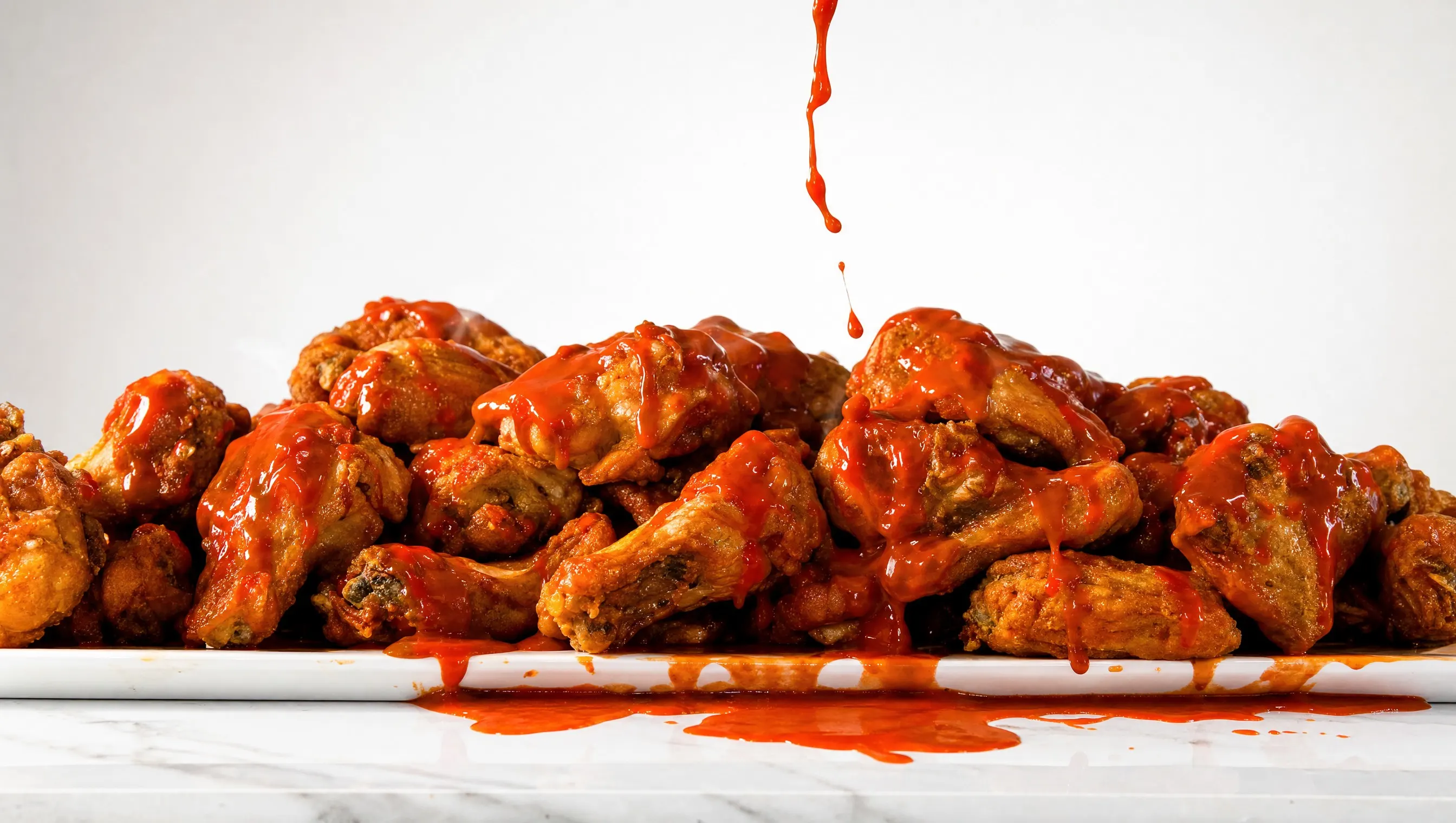 A heap of freshly fried bone-in wings on a white platter, golden crust showing, buffalo sauce pouring over them and pooling below