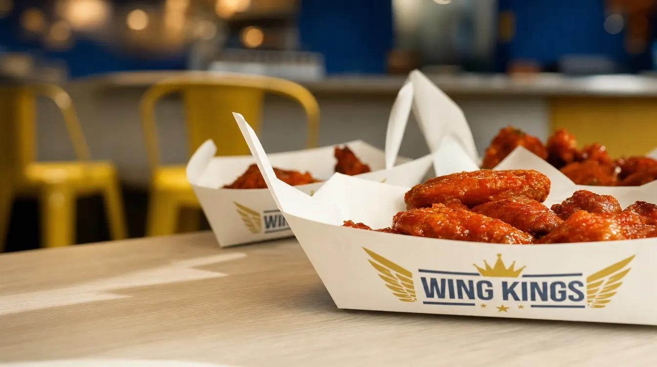 Buffalo bone-in wings loaded into branded paper boats on a Wing Kings dining table, the room's yellow metal chairs blurred behind
