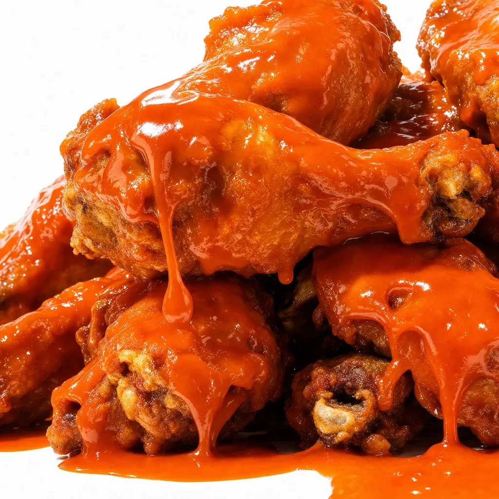 A pile of bone-in wings under a heavy coat of buffalo sauce, the sauce dripping down and pooling below them, shot against white