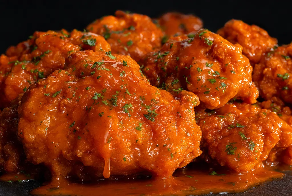 A close-up of boneless buffalo wings glistening with sauce on dark slate