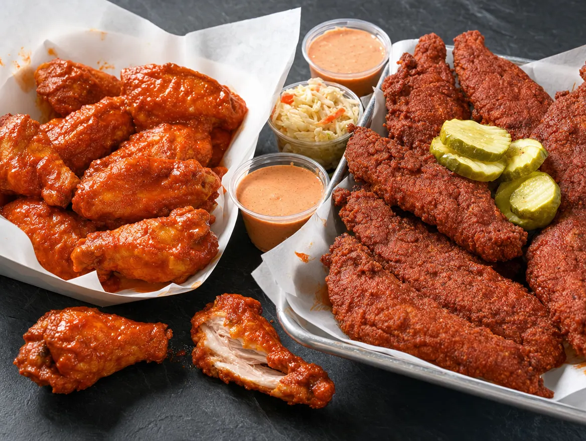 Buffalo bone-in wings in a paper boat beside Nashville hot tenders on a steel tray, dip cups and pickles between them, on dark slate